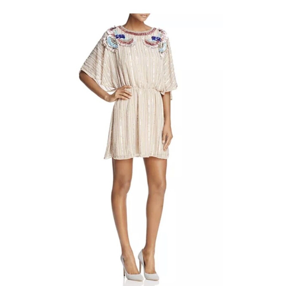 Parker Angelica Beaded Bird-Appliqué Dress Large Sequin swifty L